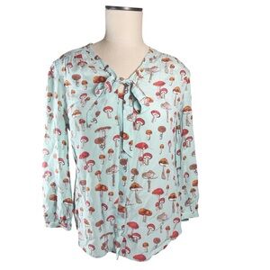 Anthropologie Moulinette Soeurs Mushroom Tie Neck Blouse in Aqua/Red/Bro…